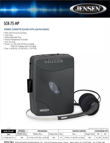 Jensen SCR-75-HP Classic Personal Cassette Player with AM FM Radio